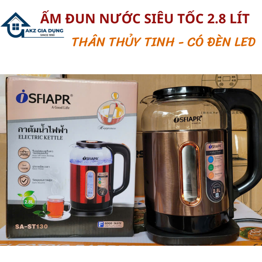 Ấm Đun Nước Siêu Tốc, Bình Siêu Tốc SFIAPRT ST130 Thủy Tinh Dung Tích 2.8 lít Tự Động Ngắt