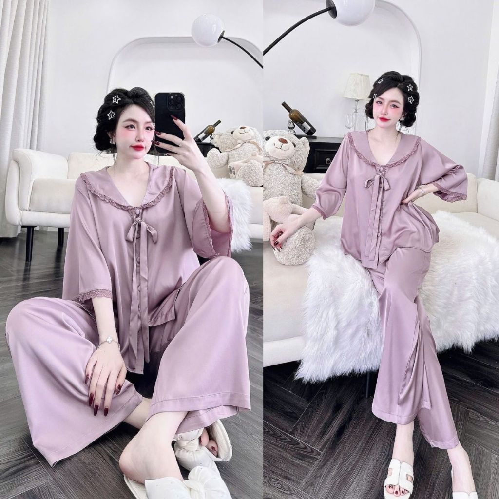 Đồ Ngủ Nữ Bigsize, Đồ Ngủ Pijama lụa Latin Tay Loe Dài cao cấp mềm mại dễ thương < 70KG | BigBuy360 - bigbuy360.vn