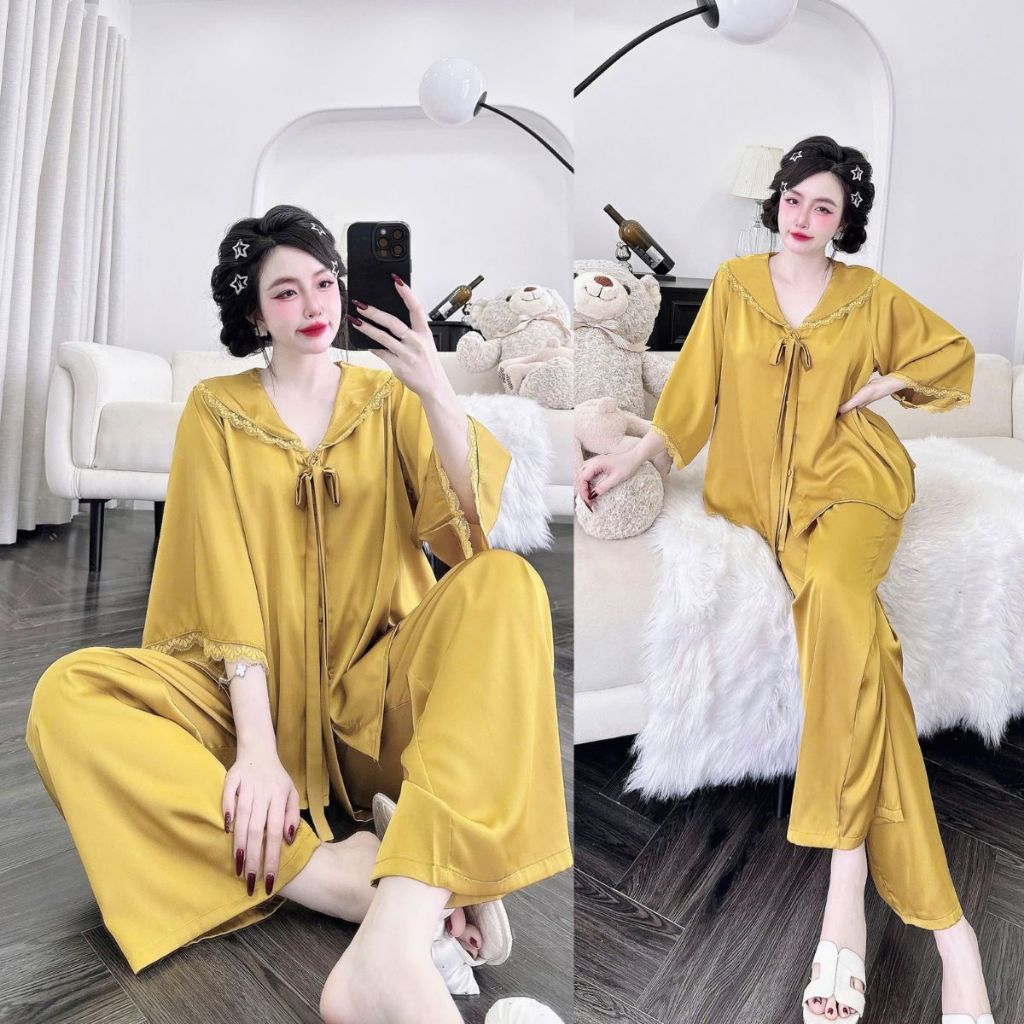 Đồ Ngủ Pijama Bigsize MIKY, Đồ Ngủ Bigsize lụa Latin Tay Loe Dài  cao cấp mềm mại xinh xắn tay loe dài 1 < 75KG M08 | BigBuy360 - bigbuy360.vn