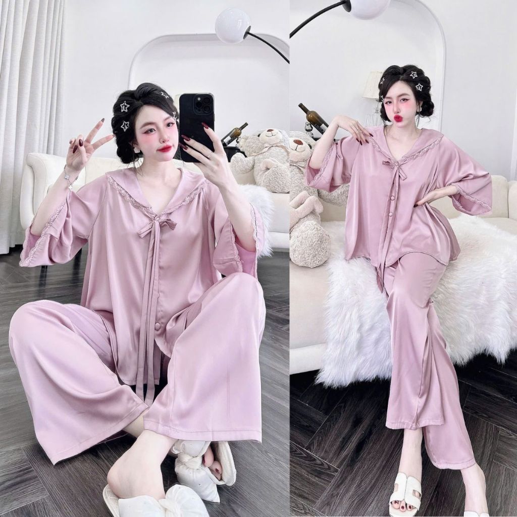 Đồ Ngủ Nữ Bigsize, Đồ Ngủ Pijama lụa Latin Tay Loe Dài cao cấp mềm mại dễ thương < 70KG | BigBuy360 - bigbuy360.vn