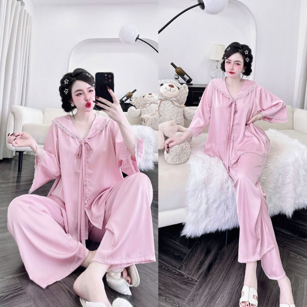 Đồ Ngủ Pijama Bigsize MIKY, Đồ Ngủ Bigsize lụa Latin Tay Loe Dài  cao cấp mềm mại xinh xắn tay loe dài 1 < 75KG M08 | BigBuy360 - bigbuy360.vn