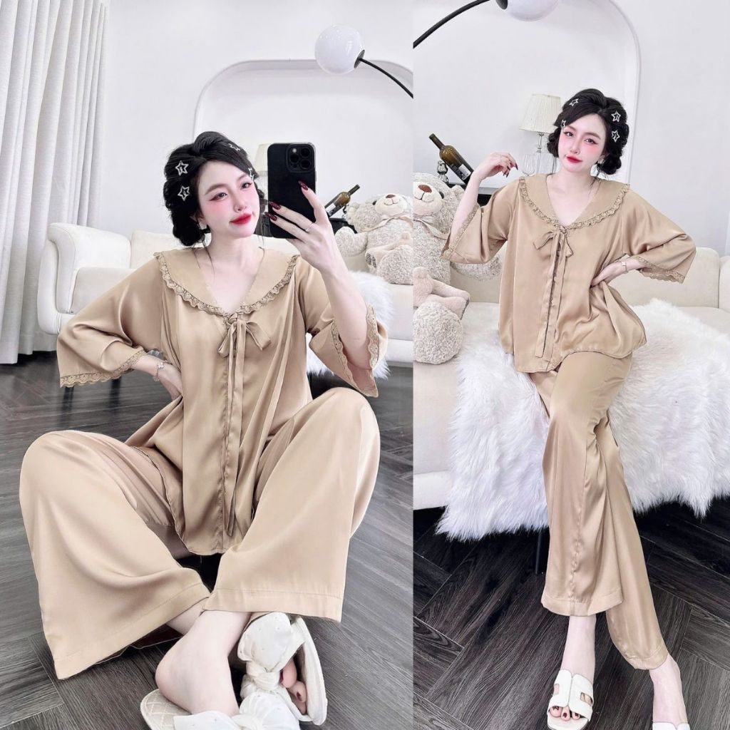 Đồ Ngủ Nữ Bigsize, Đồ Ngủ Pijama lụa Latin Tay Loe Dài cao cấp mềm mại dễ thương < 70KG | BigBuy360 - bigbuy360.vn