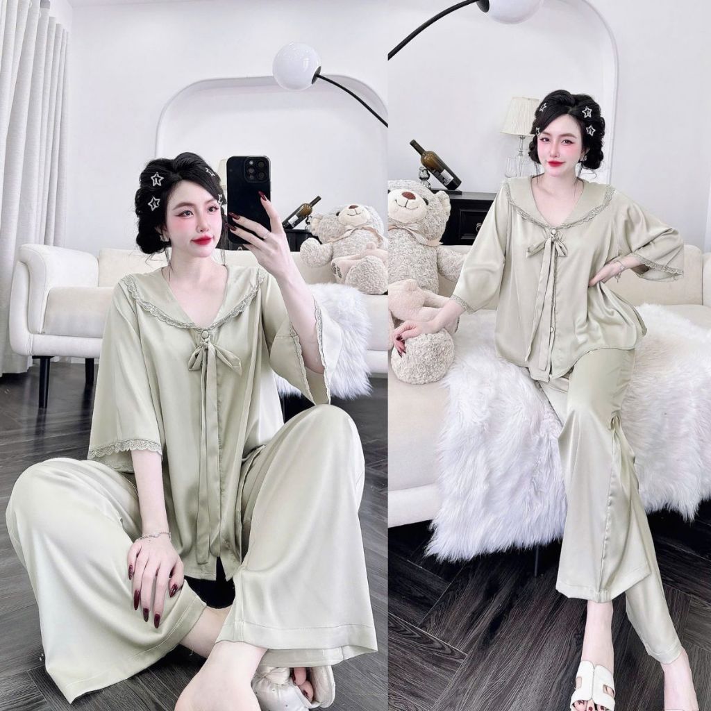 Đồ Ngủ Nữ Bigsize, Đồ Ngủ Pijama lụa Latin Tay Loe Dài cao cấp mềm mại dễ thương < 70KG | BigBuy360 - bigbuy360.vn