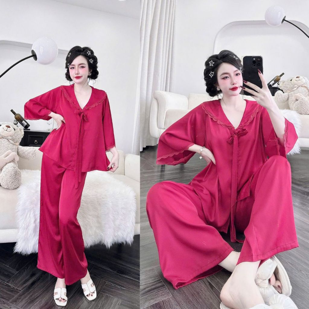 Đồ Ngủ Nữ Bigsize, Đồ Ngủ Pijama lụa Latin Tay Loe Dài cao cấp mềm mại dễ thương < 70KG | BigBuy360 - bigbuy360.vn