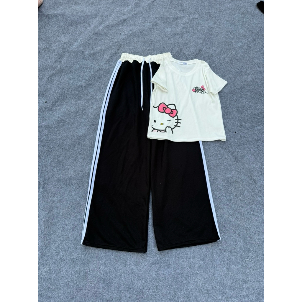 Set bộ áo bbt in kitty habo mix quần xuông ba sọc phối cạp đen