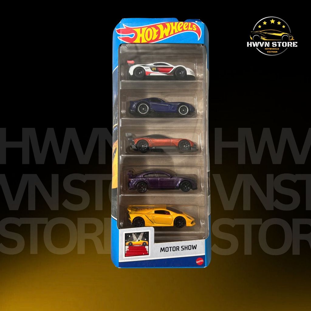 Xe mô hình Hotwheels Motor Show Pack 5 Renault - 2013 SRT Viper - Aston Martin Vulcan - Jaguar - Lam