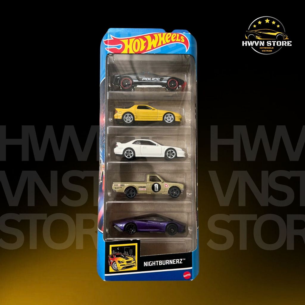 Xe mô hình Hotwheels Nightburnerz Pack 5 Alpha Pursuit - '89 Mazda - '98 Honda Prelude - Datsun 620 