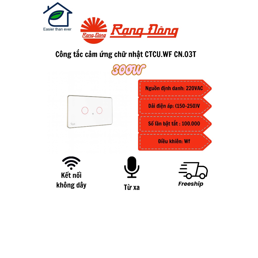 Công tắc cảm ứng thông minh chữ nhật WF: CTCU.WF CN.02T