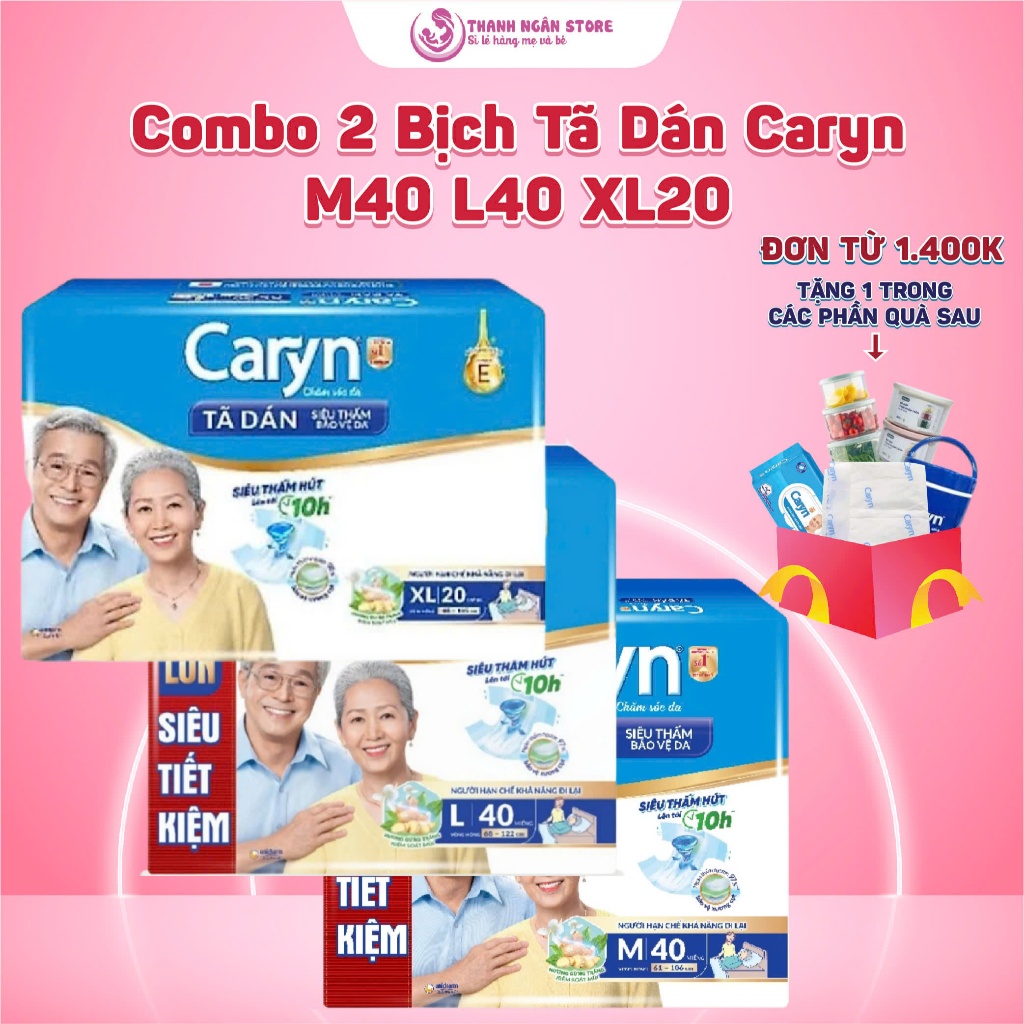 Combo 2 Bịch Tã Dán Caryn Siêu Thấm M40 L40+4 XL20- Caryn Gói Lớn Tiết Kiệm - Bỉm Tã Cho Người Già -