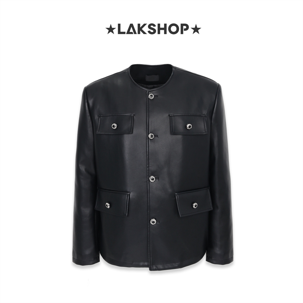 Áo Black Crewneck Leather Jacket
