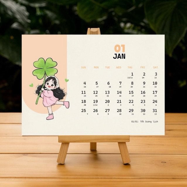 Lịch để bàn 2026, Lịch mini tờ rời tặng kèm đế gỗ để lịch