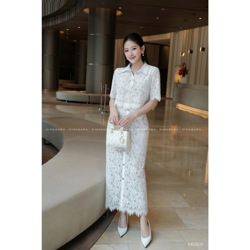 Set áo phối chân váy ren dài đính nút phong cách sang chảnh thanh lịch MS905