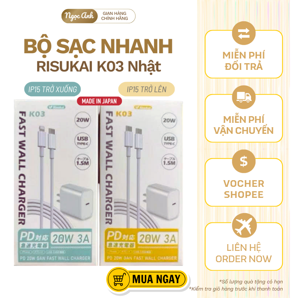 Bộ Sạc Nhanh RISUKAI PD 20W Nội Địa Nhật – Củ Sạc + Cáp 1.5m, Sạc Nhanh An Toàn Cho iPhone 11–15, iP
