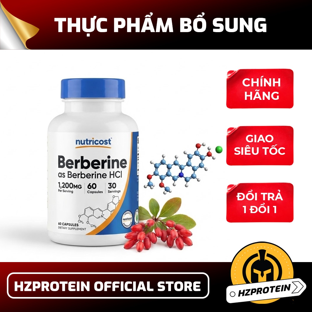 Thực phẩm sức khoẻ Berberine HCL Nutricost - Viên uống cải thiện hệ tiêu hoá,kiểm soát đường huyết