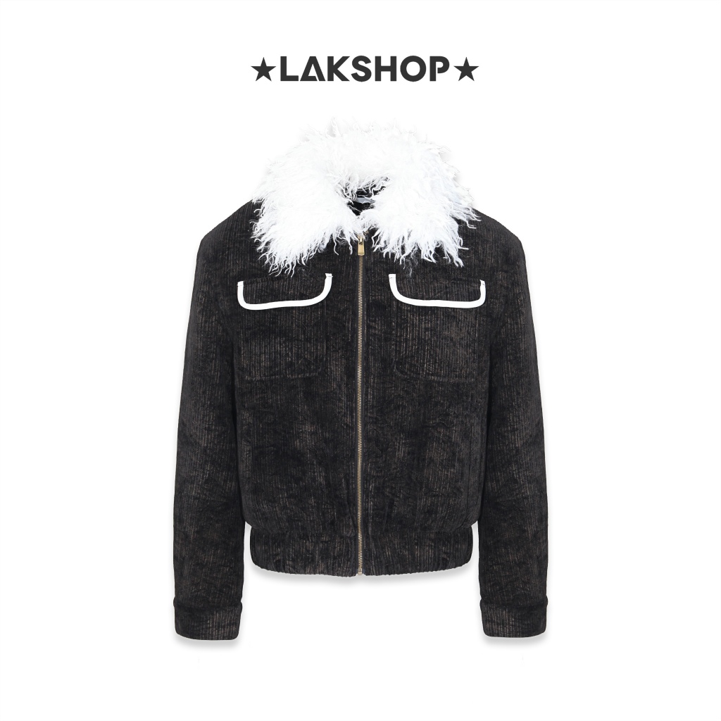 Áo Black with White Fur Collar Velvet Jacket