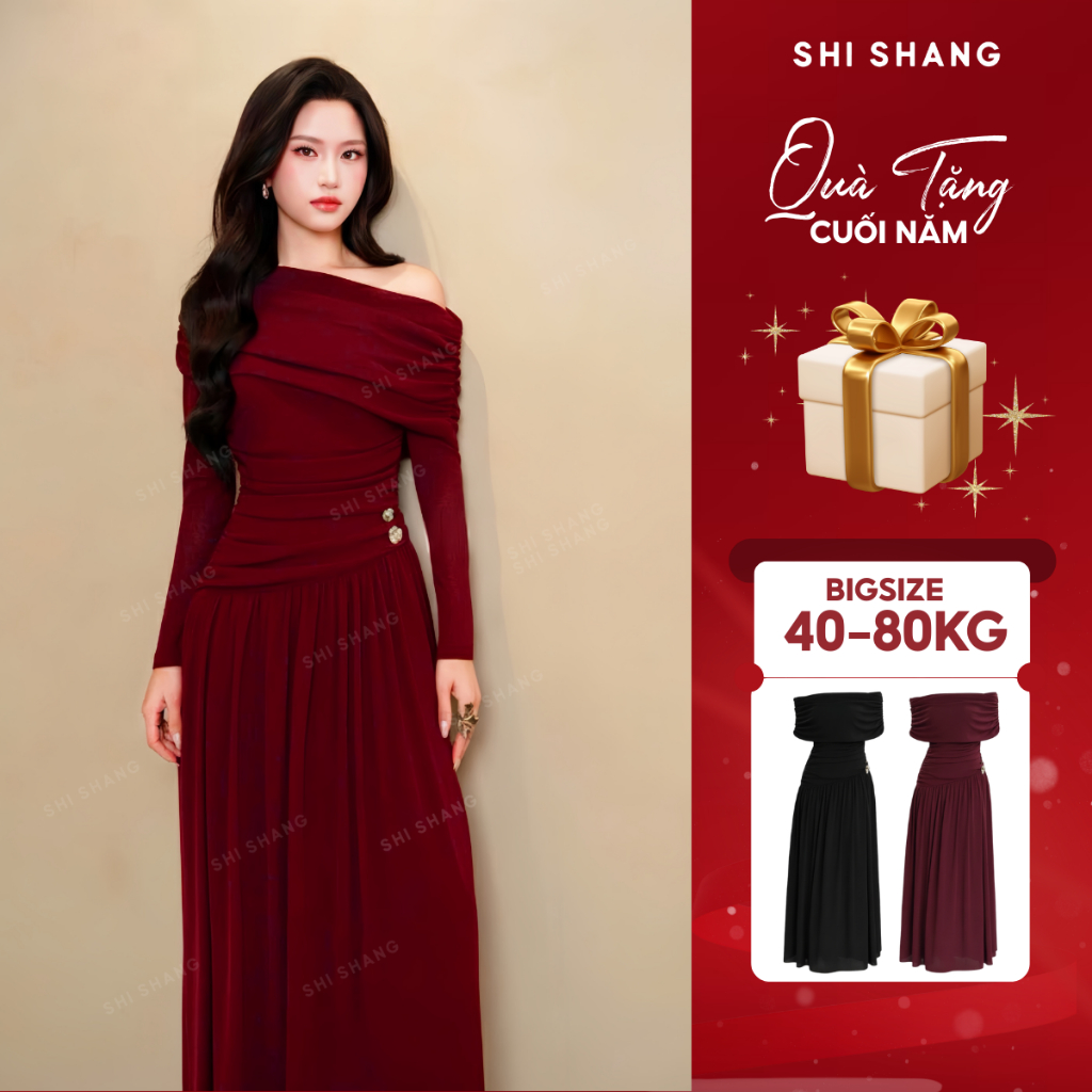 [𝐋𝐨𝐚̣𝐢 𝟏] Đầm Dự Tiệc Lệch Vai Dáng Dài Thiết Kế Bigsize, Váy Trễ Vai Nhún Eo Chất Thun Dệt Kim Thanh Lịch by Shi Shang | BigBuy360 - bigbuy360.vn