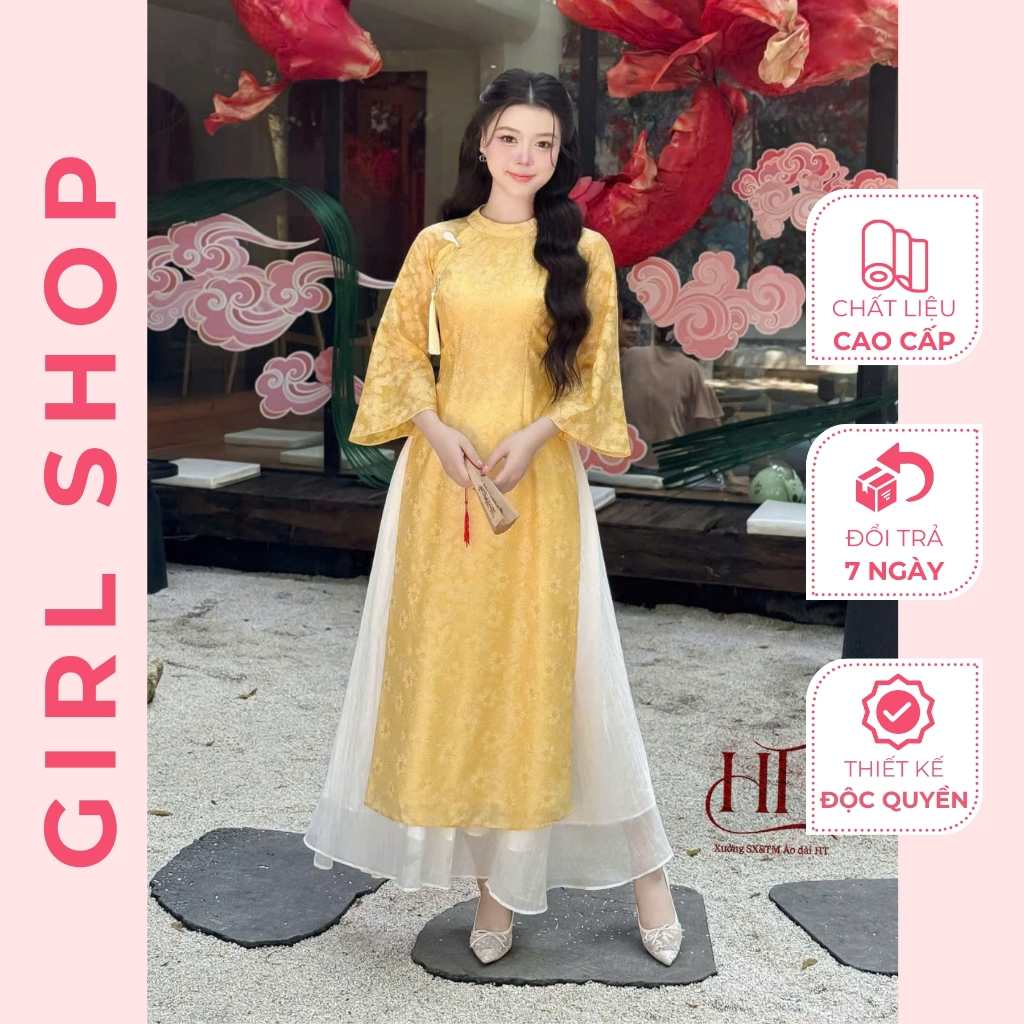 Set Áo Dài Chiêu Hoa Kèm Chân Váy Thiết Kế Dáng Suông 4 Tà Cổ Tròn Sang Trọng Thanh Lịch GIRLSHOP