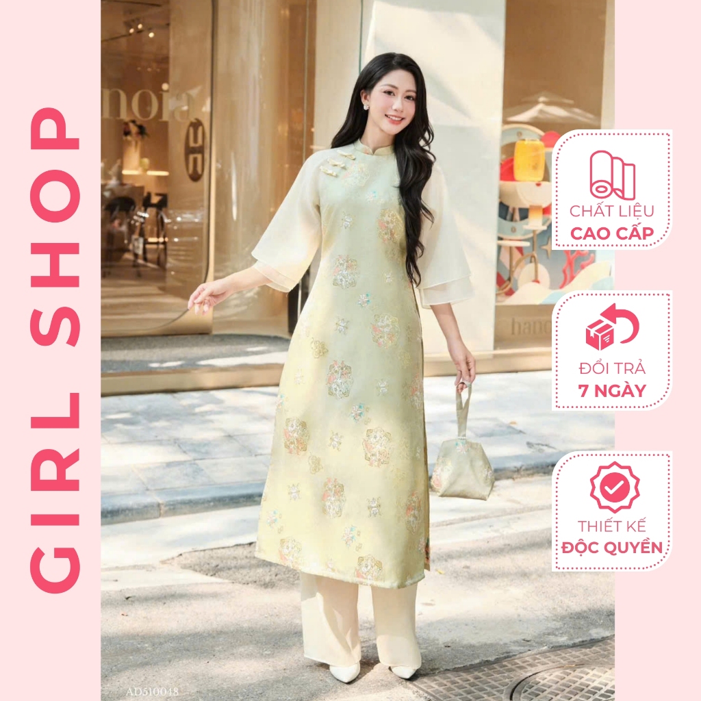 Set Áo Dài Cách Tân Gấm Vân Thiết Kế Cao Cấp Dáng Suông 2 Tà Cổ Cao Sang Trọng Thanh Lịch GIRLSHOP