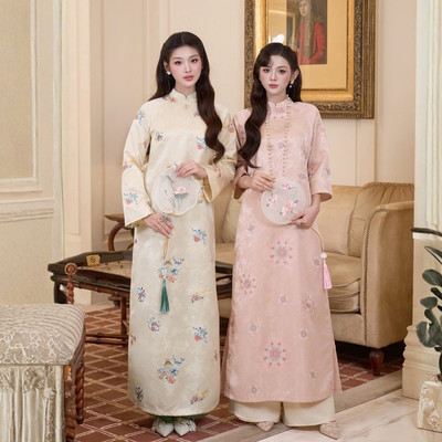TUBYCATU Áo Dài Cát Hoa Thêu Họa Tiết Chất Lụa Gấm Thượng Hạng