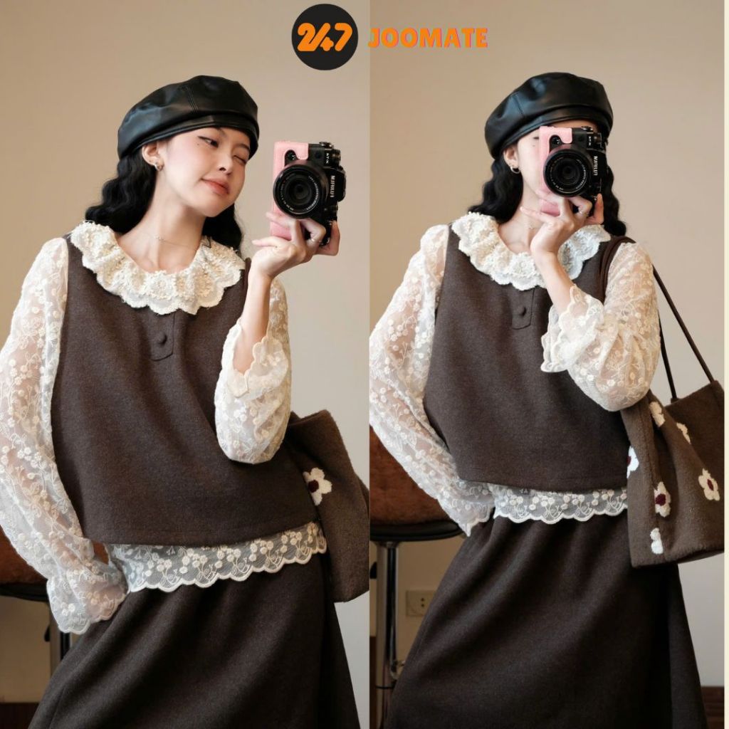 Set Gile Dạ Dáng Suông Phối Chân Váy Xòe Dài 247Joomate Vintage Phong Cách Retro Diện Tết Cực Xinh (