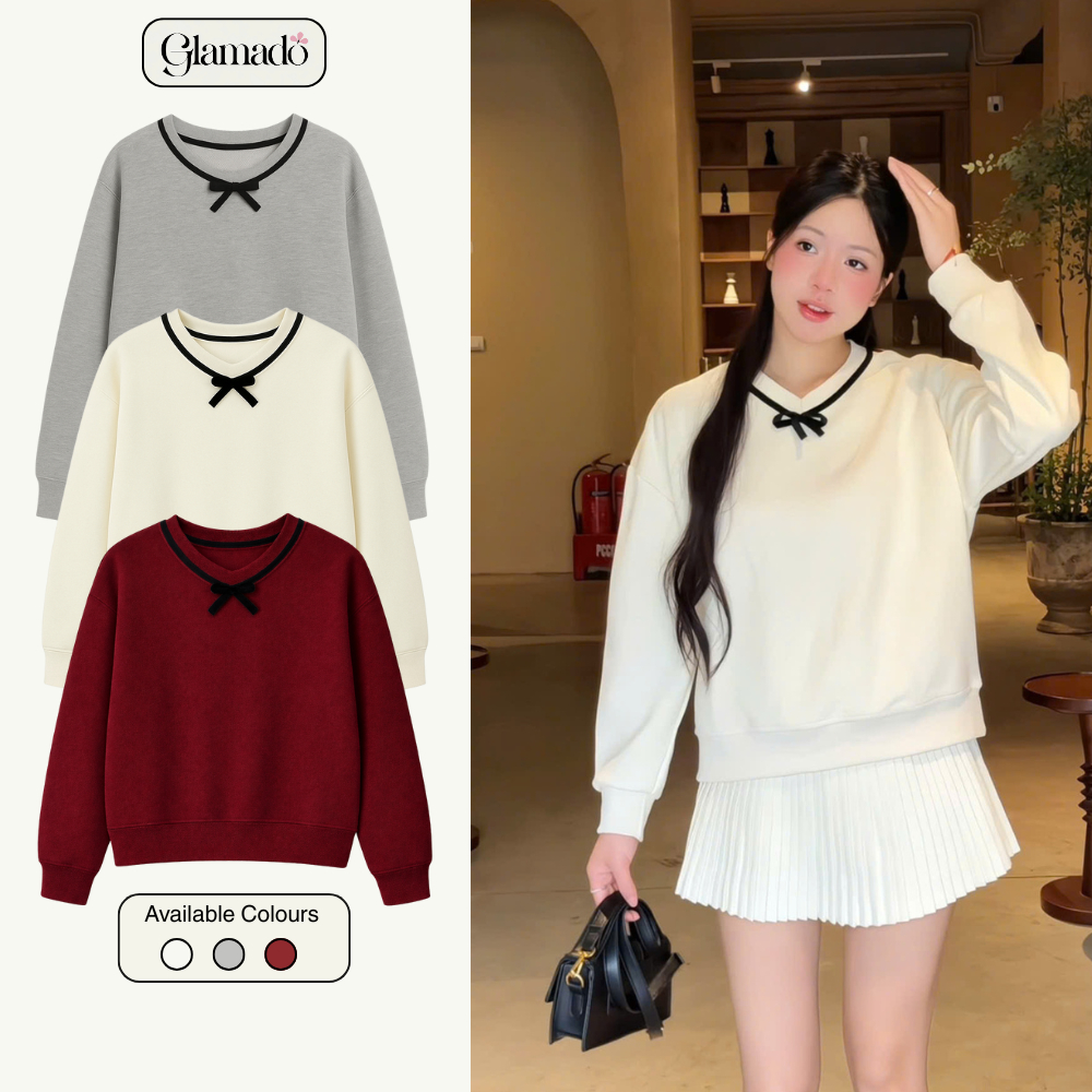 Áo sweater nữ 𝙂𝙡𝙖𝙢𝙖𝙙𝙤 nơ cổ chất liệu nỉ 2 da, áo sweater oversize form boxy A43