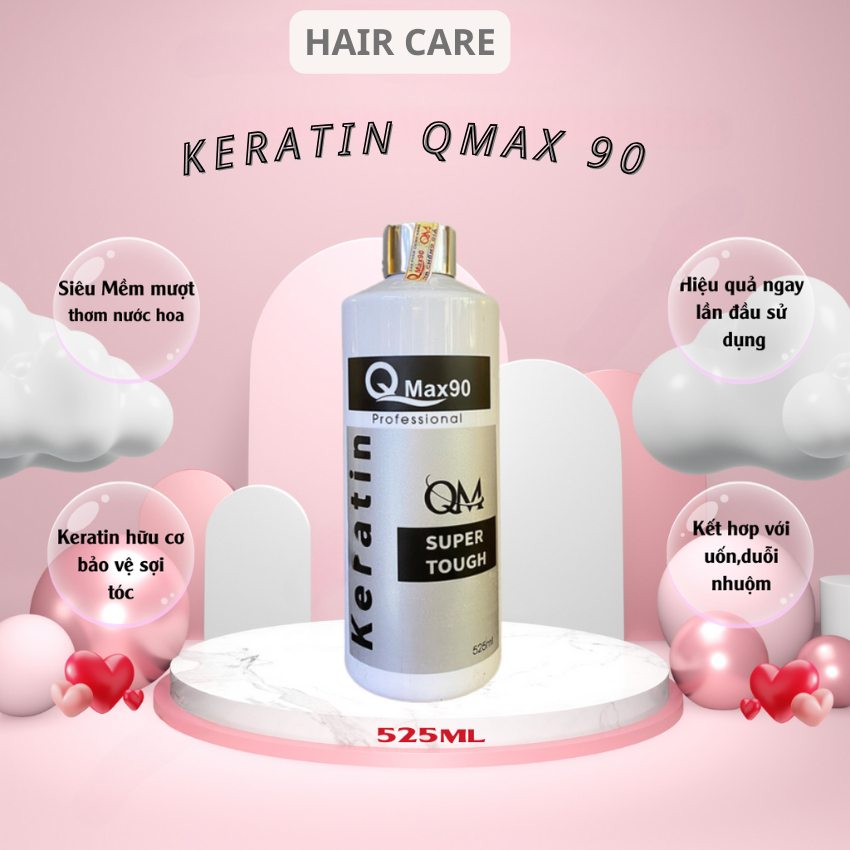 Keratin Qmax90, Keratin phục hồi tóc cháy, tóc nhũn, tóc bông xù hư tổn nặng chai 525ml _ Hair Care