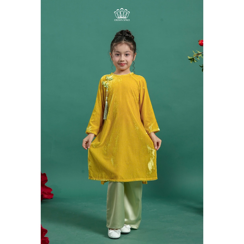 Áo Dài Bé Gái Nhung Phúc Lành Vàng Hổ Phách Đính Khánh Ngọc Phú Quý | Crown Space CKGL9961805
