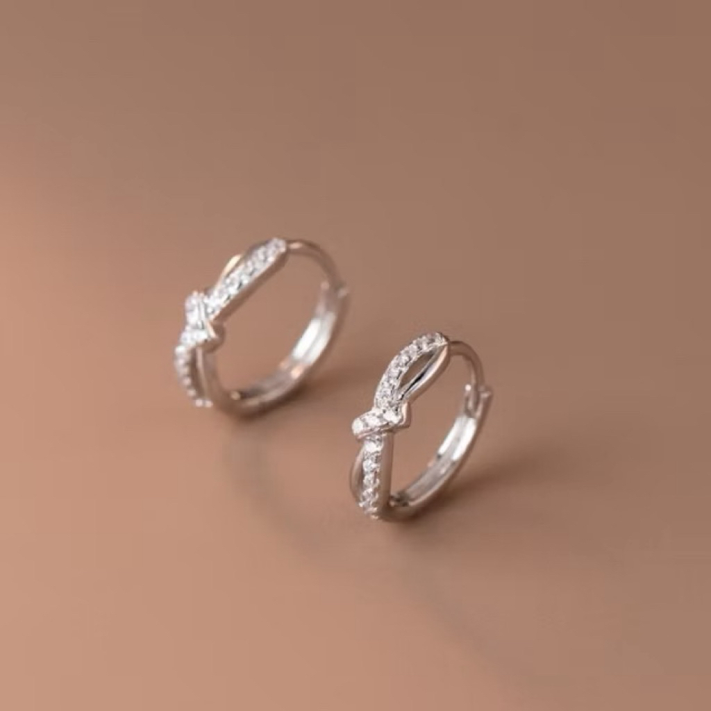 Khuyên tai bạc tròn nơ thắt đính đá, Hoa tai Bạc hình nơ, Bông tai bạc nữ gắn đá TUNA SILVER Cam kết chuẩn bạc T79