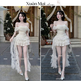 Đầm ôm body nữ ngắn cúp ngực trễ vai đính hoa eo tua rua đỏ đen trắng mặc đi tiệc đi chơi chụp ảnh