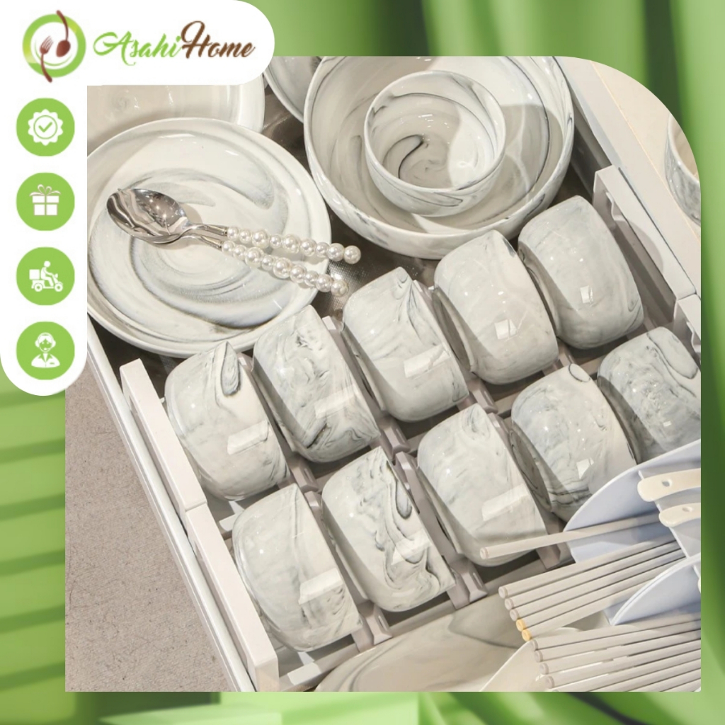 Bộ bát đĩa ASAHI HOME nhiều chi tiết bằng gốm sứ cẩm thạch vân đá cao cấp dùng được cho lò nướng