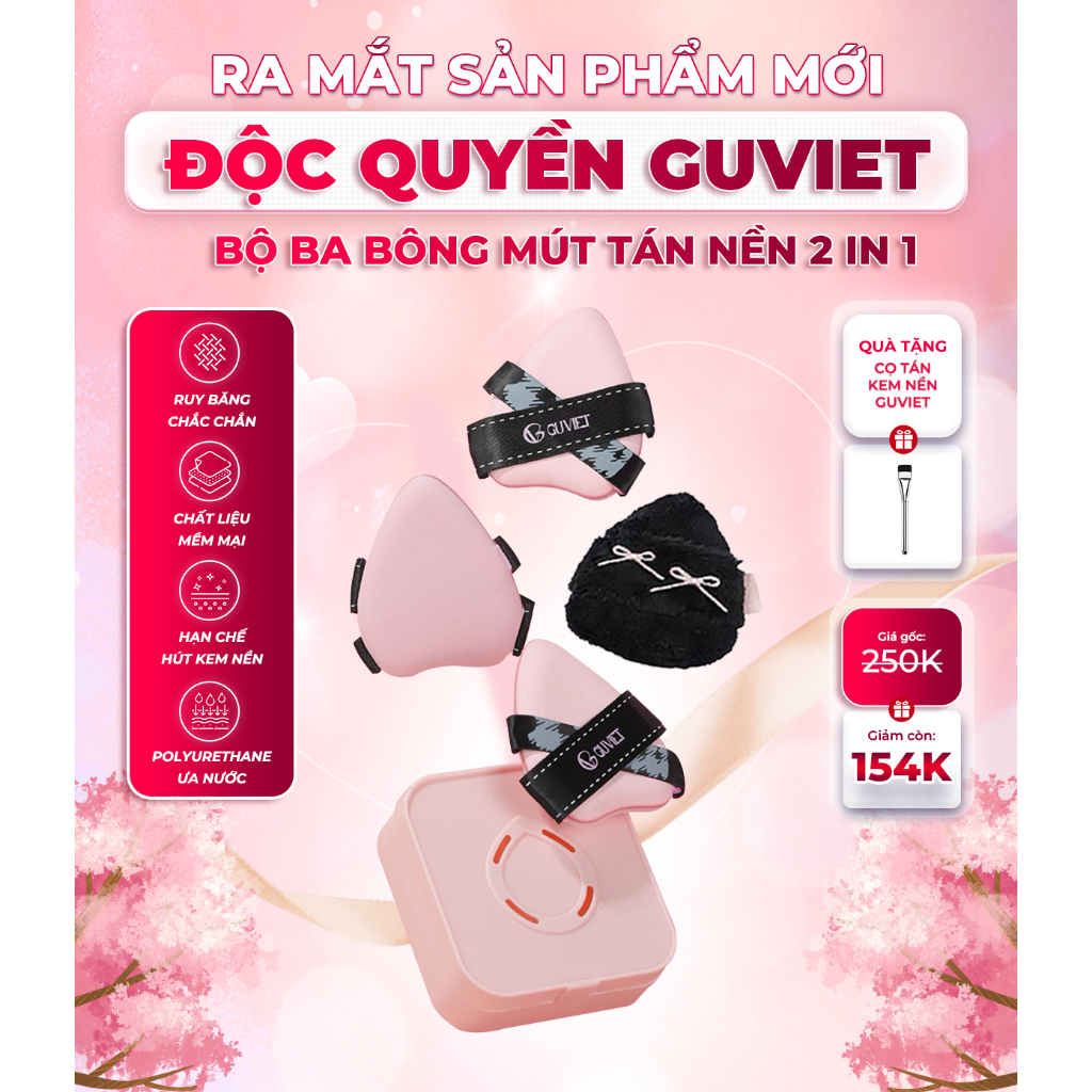 [KOL - GUVIET] Bộ 3 bông mút trang điểm GUVIET màu hồng đen kèm trứng giặt cọ 200gr