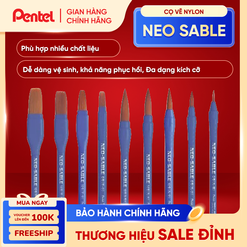 Cọ Vẽ Nylon Neo Sable| Cọ Vẽ Pentel Đầu Dẹt, Đầu Tròn| Cọ Vẽ Lâu Trôi Và Dễ Làm Sạch
