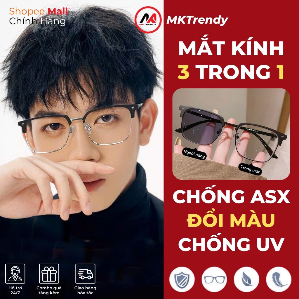 Kính đổi màu dưới nắng MKTRENDY nam nữ thời trang gọng chữ V chống tia UV chống ánh sáng xanh X15