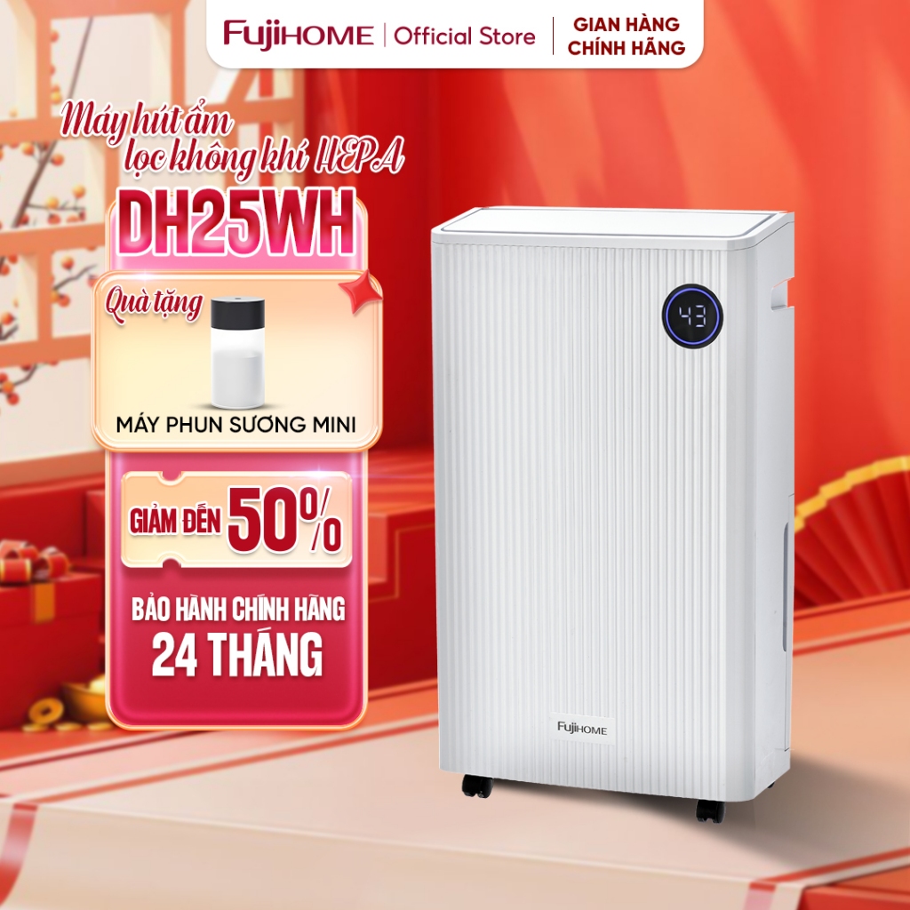 Máy hút ẩm công suất lớn bằng máy nén 25L/ngày FUJIHOME DH25WH 30-50m2, lọc không khí HEPA kết nối wifi phòng ngủ khách