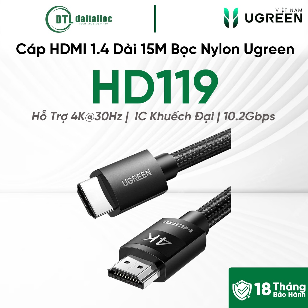 Cáp HDMI Dài 15M Chuẩn 1.4 Bọc Nylon Hỗ Trợ 4K@30Hz IC Khuếch Đại (HD119) Ugreen 40105 | Chính Hãng 