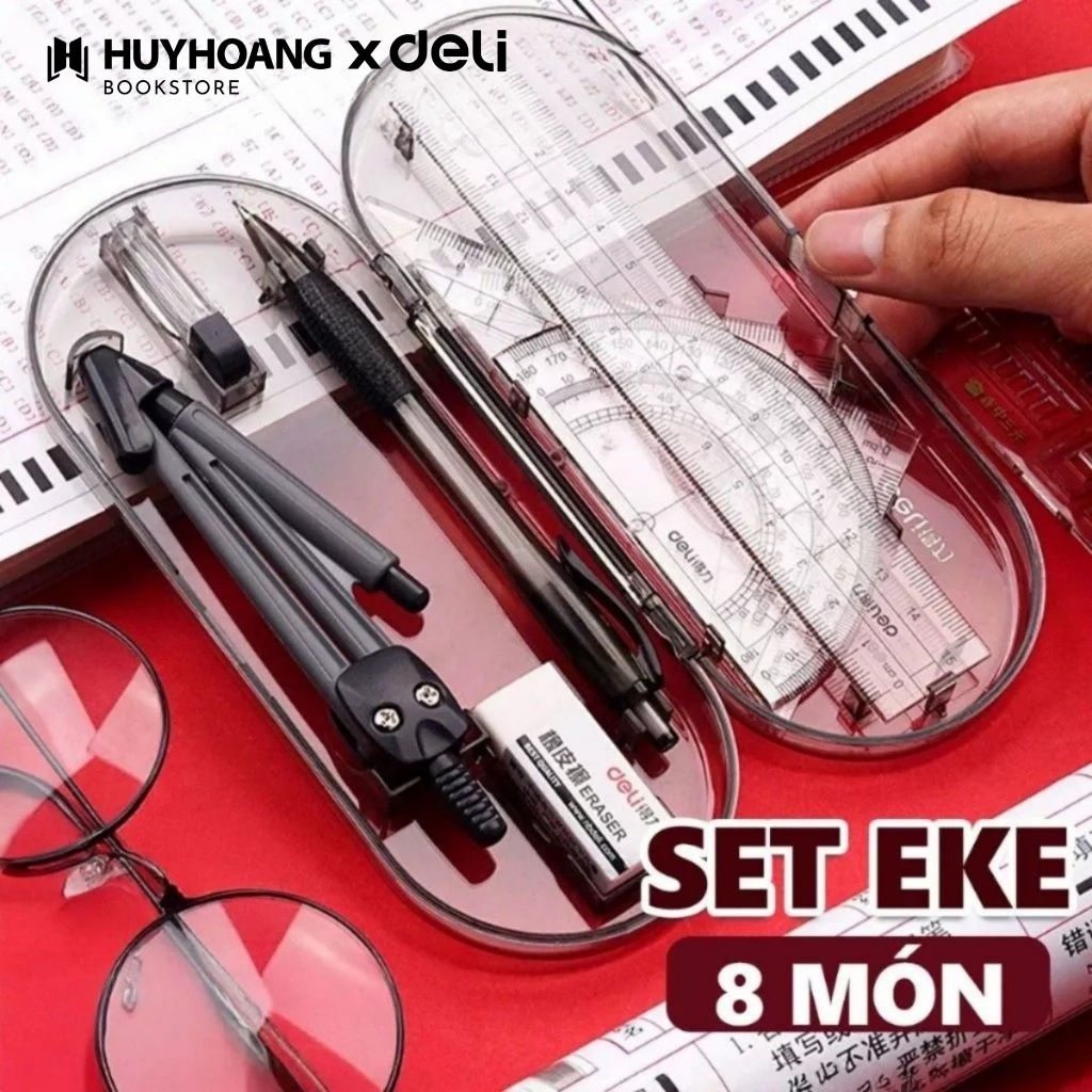 Bộ thước kẻ compa 8 món Deli, dụng cụ học tập, eke-  thước kẻ - tẩy - chì - đồ dùng học tập, VPP