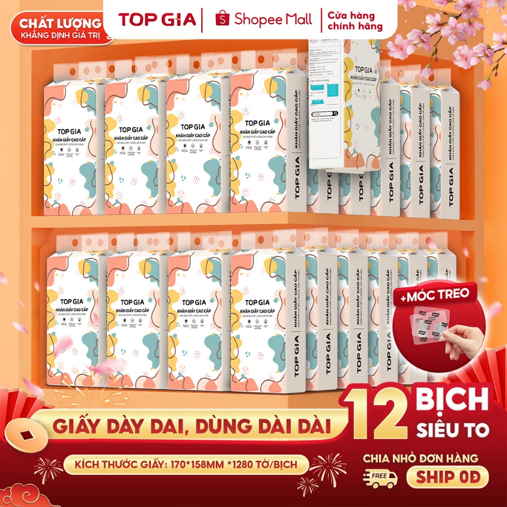 [SIÊU TO, CAO CẤP] Giấy vệ sinh treo tường TopGia thùng 10 12 8 6 bịch đa sắc, combo tiết kiệm 1280 