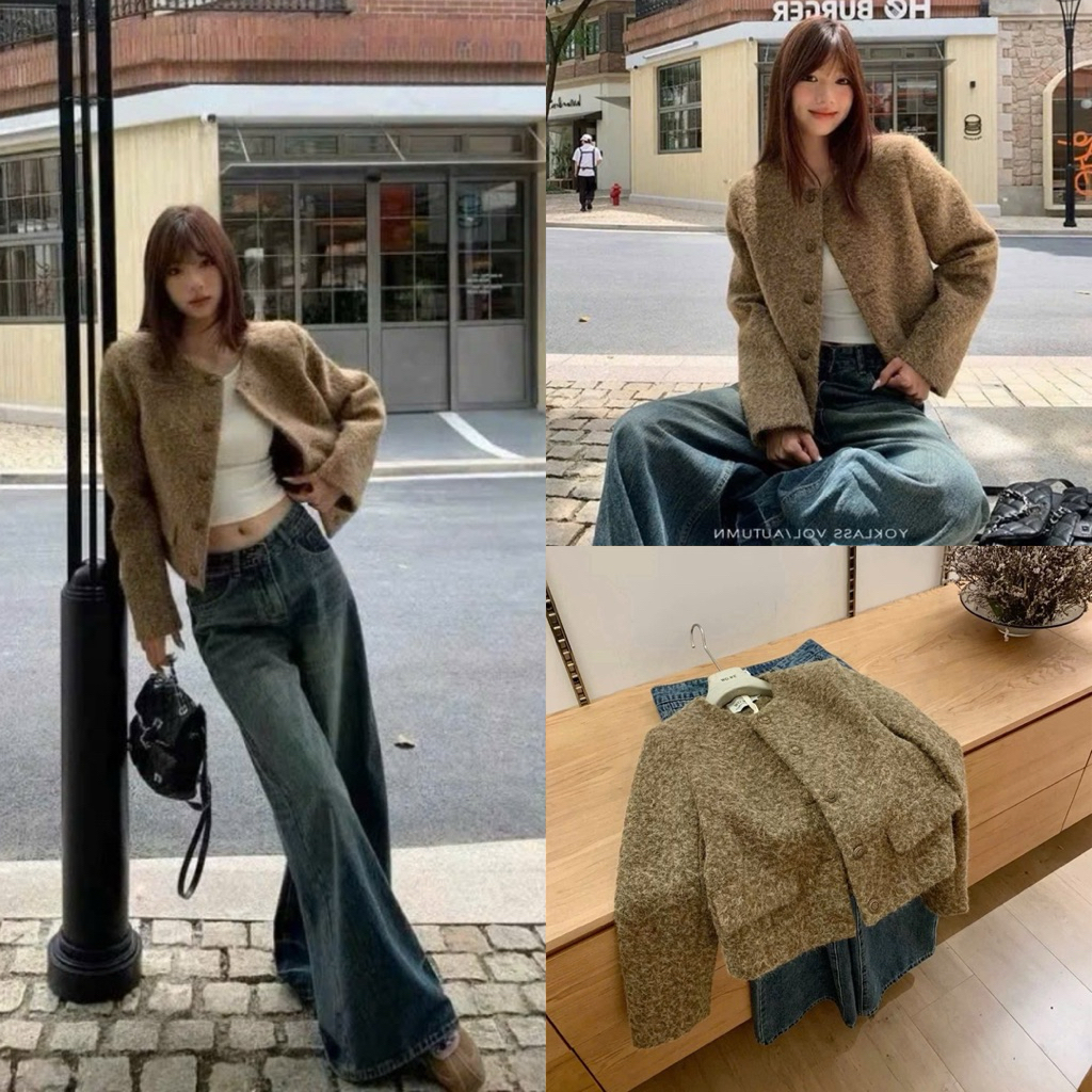 | Hta.boutique | Áo Khoác Dạ Lông Nâu Form Ngắn Dáng Rộng Hot Hít 2 Lớp Màu Nâu Tây Sang Chảnh