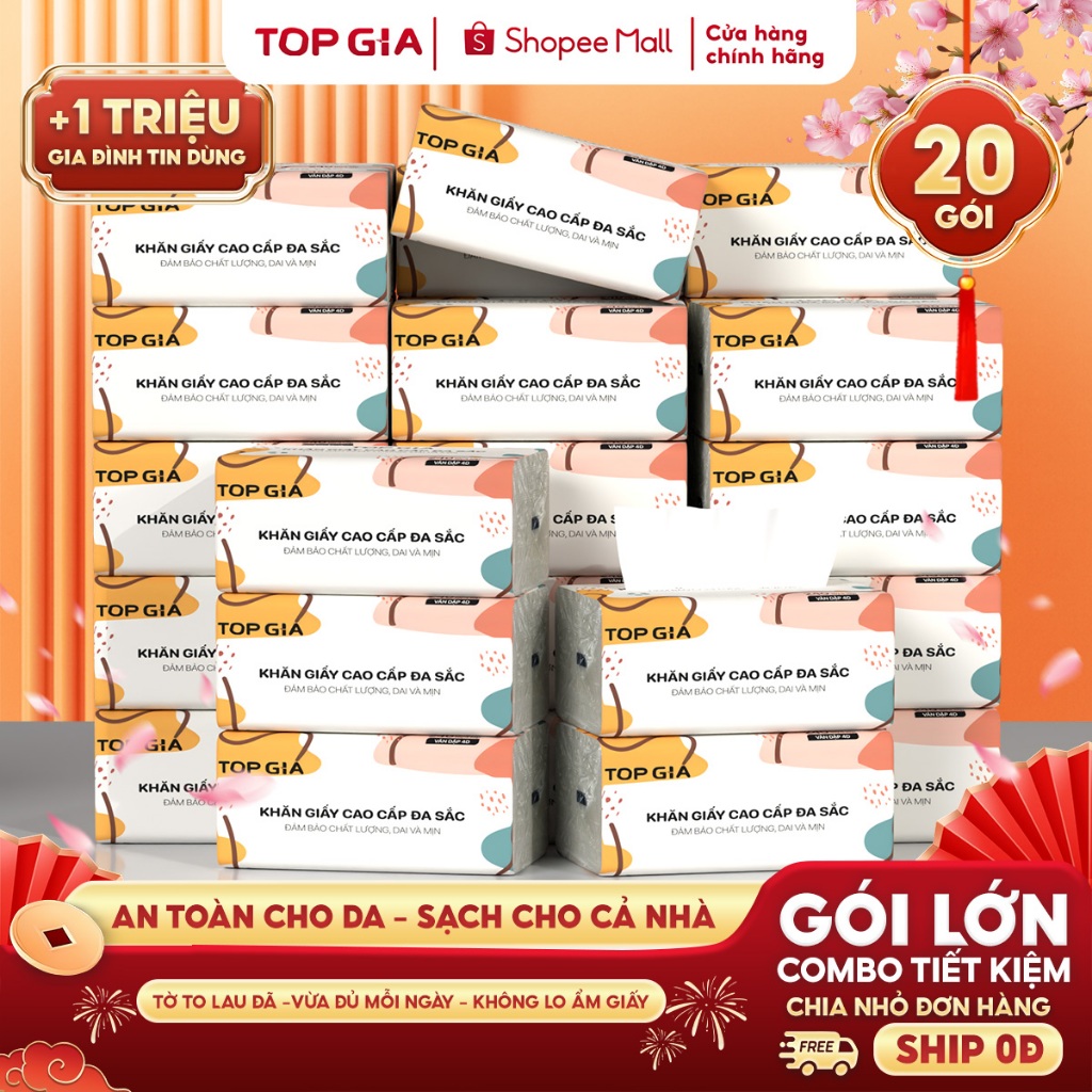 [HÀNG CAO CẤP - KHĂN GIẤY LỚN] Giấy ăn đa sắc Topgia 240 tờ 4 lớp dập vân 4D mềm mịn, thấm hút