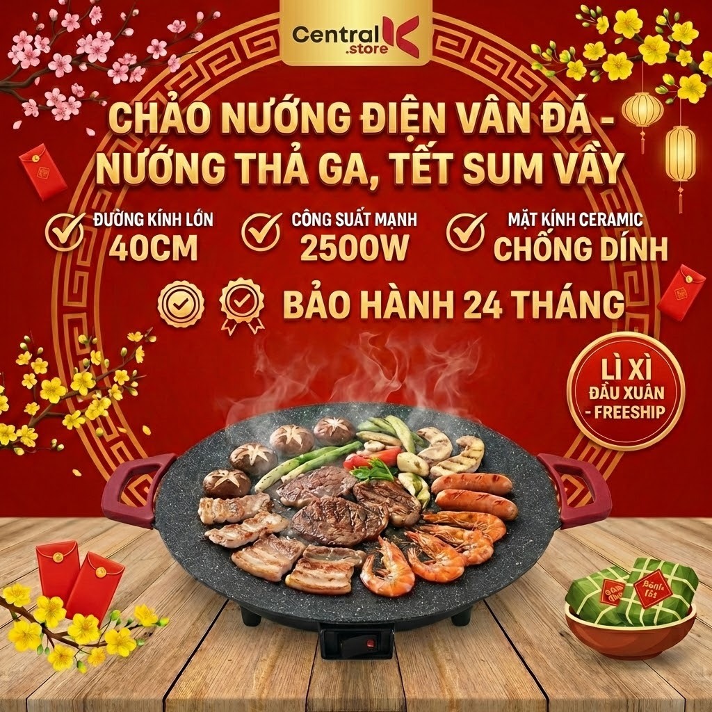 Chảo Nướng Điện Đa Năng 1360W, Chống Dính Vân Đá Cao Cấp, Đường Kính Lớn 40cmm. Bảo hành 24 tháng