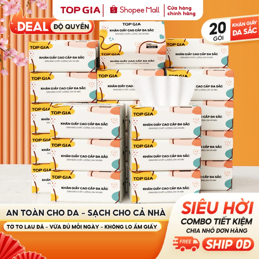 [Deal Độc Quyền] Giấy ăn rút Topgia đa sắc cao cấp 240 tờ 4 lớp, dập vân 4D, mềm mịn, thấm hút tốt