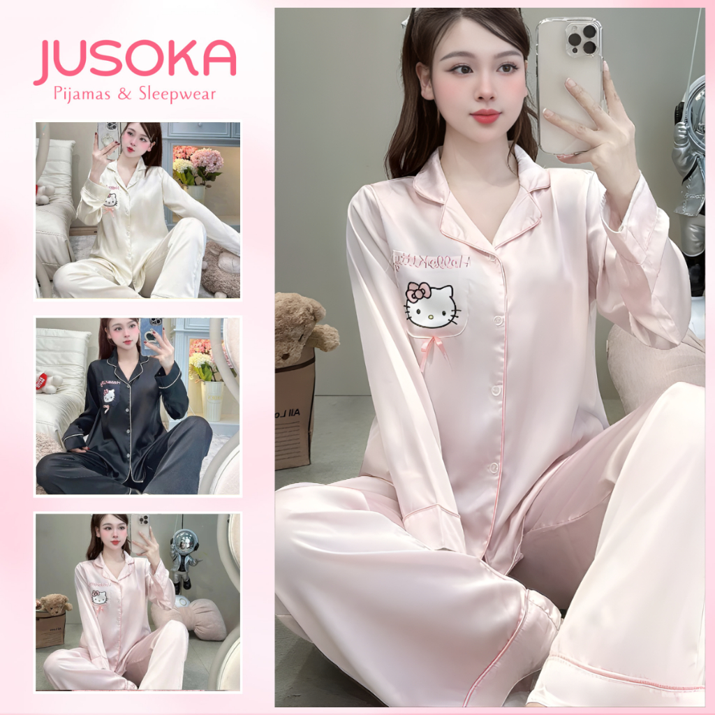 [DEAL MỞ BÁN] Đồ Ngủ Nữ Pijama JUSOKA Lụa Latin Cao Cấp Hoạt Tiết Mèo Hello Kitty Có Túi LT36