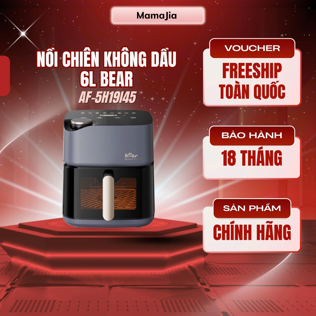 Nồi chiên không dầu Bear 6L AF-5H19I45, công suất 2000W, bảo hành 18 tháng, cơ chế hơi nước chiên nư
