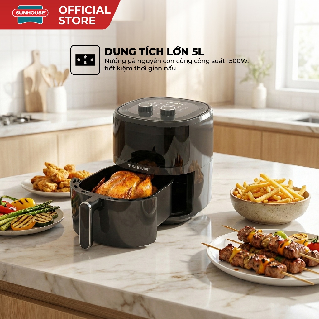 [Bản mới] Nồi chiên không dầu 5L Sunhouse SHD4021 - Khoang chiên trong suốt - Công nghệ Rapid Air 360 độ