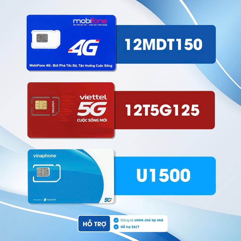 Sim 5G - 500GB/tháng gói U1500 + 12MDT150 + 12T5G125 – 3 nhà mạng Vina Mobi Viettel - Tạp Hóa Sim