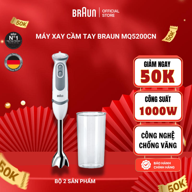 Máy Xay Cầm Tay Braun MQ5200CN 1000W Đa Năng Xay Sinh Tố, Cháo Siêu Nhanh, Nhuyễn – Chính Hãng