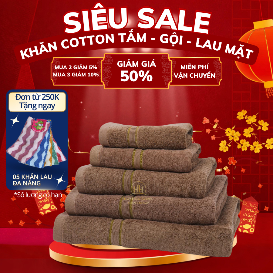 Khăn Tắm Gội Đầu Lau Mặt Huy Hòa  Sợi Cotton Cao Cấp Bông Dày Thấm Hút Không Đổ Lông Dùng Cho Gia Đình Khách Sạn Spa