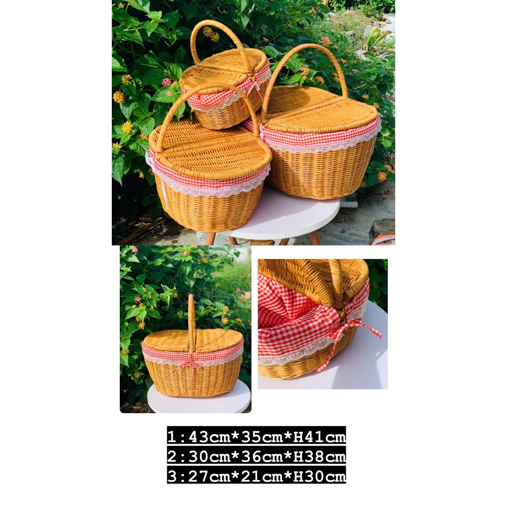Giỏ Mây Picnic Có Lót Vải, Có Nắp Đậy/ Giỏ Mây Đi Du Lịch Dã Ngoại Tiện Nghi/ Đồ Dùng Nhà Bếp Decor 