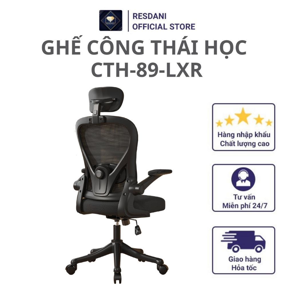 Ghế Chân Xoay Văn Phòng CTH-89-LXR  Resdani Thiết Kế Công Thái Học , Làm Việc Tay Gấp Nệm Lưới Tựa Đầu Xoay 360 Độ