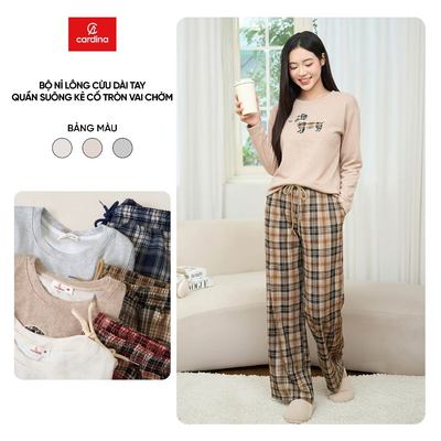 Đồ bộ nữ CARDINA chất nỉ lông cừu dài tay quần dạ kẻ dáng suông cổ tròn vai chờm 5BTD04